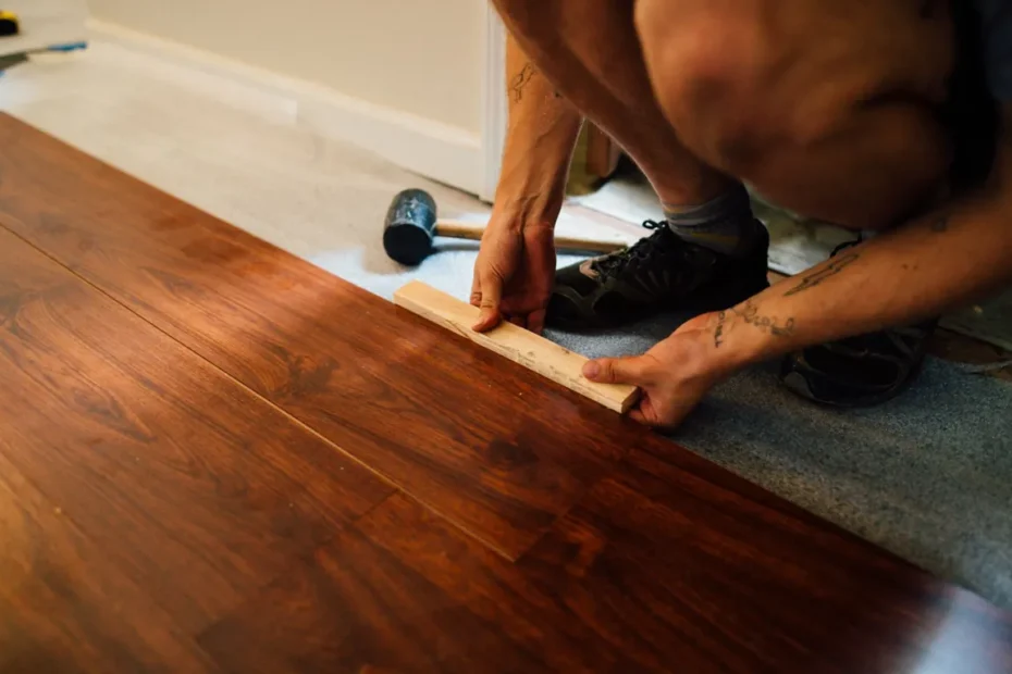 Installer clicking a wood look plank into place over underlayment during a flooring installation